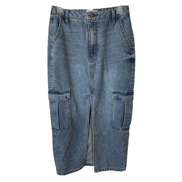 Love Fire Denim Cargo Skirt Size 5 Front Slit Pockets Blue Medium Wash Midi Maxi - Picture 1 of 8